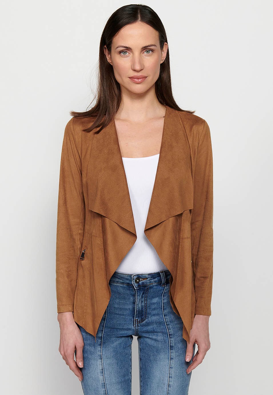 Tan Long Sleeve Asymmetrical Cut Loose Jacket for Women 8