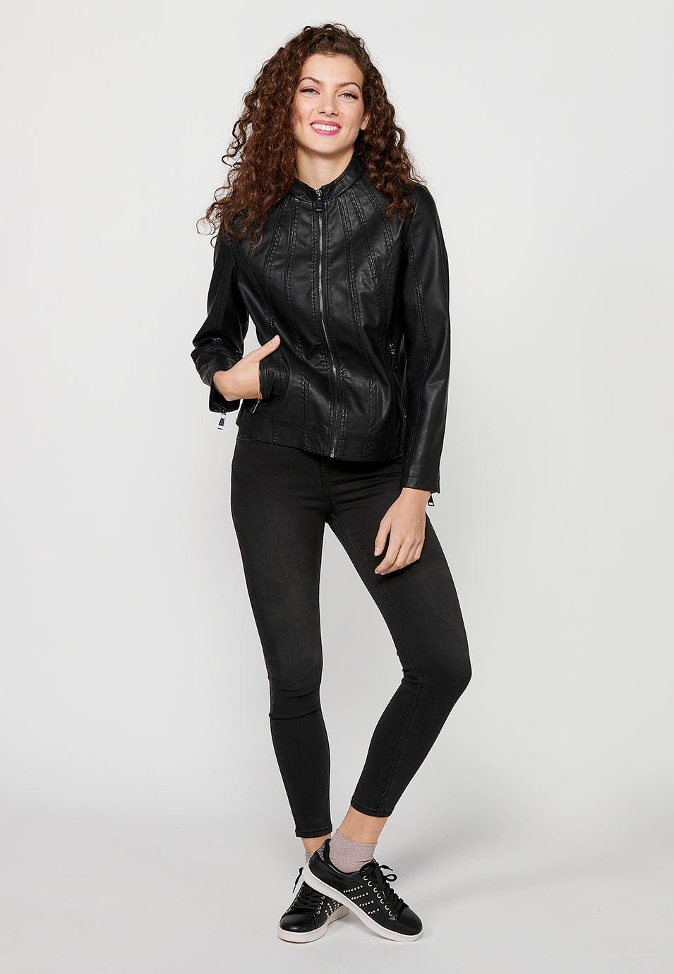 Long Sleeve Jacket with Round High Neck and Front Zipper Closure in Black for Women 6