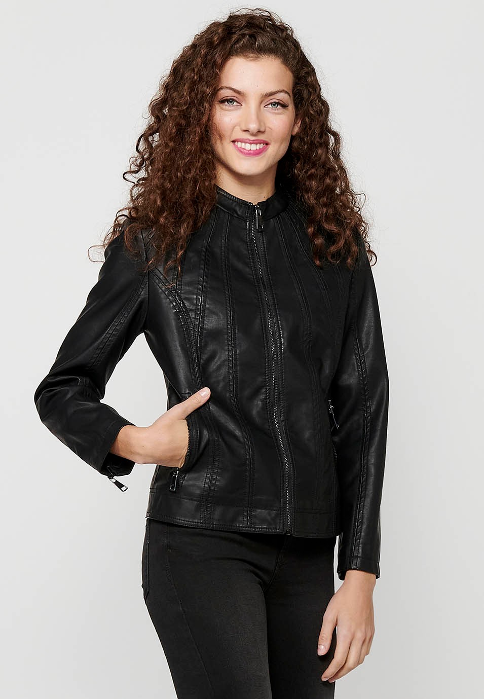 Long Sleeve Jacket with Round High Neck and Front Zipper Closure in Black for Women