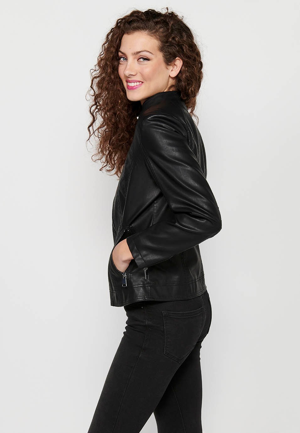Long Sleeve Jacket with Round High Neck and Front Zipper Closure in Black for Women 2