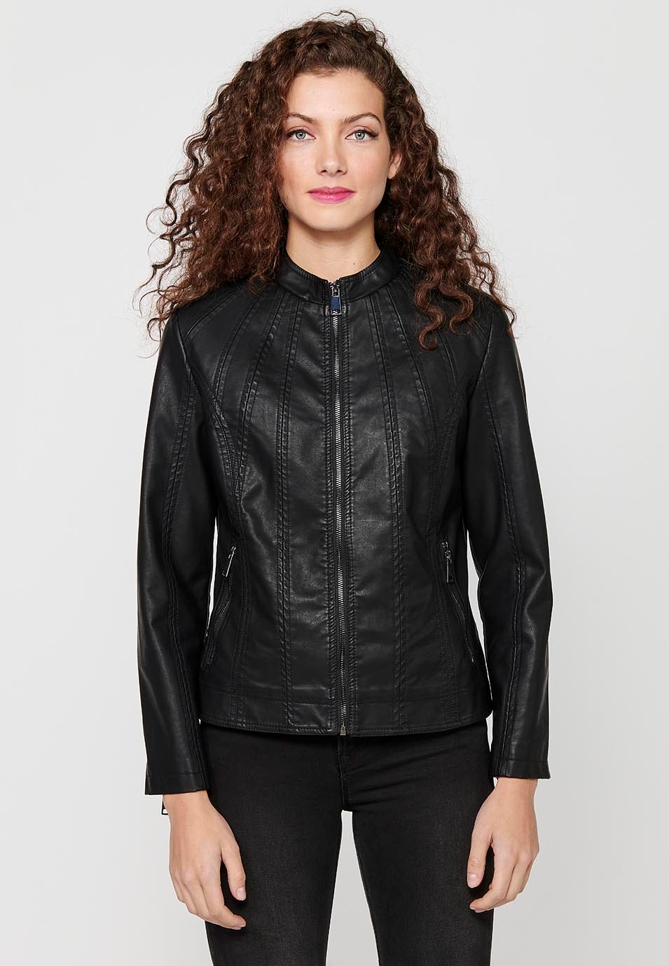 Long Sleeve Jacket with Round High Neck and Front Zipper Closure in Black for Women 3