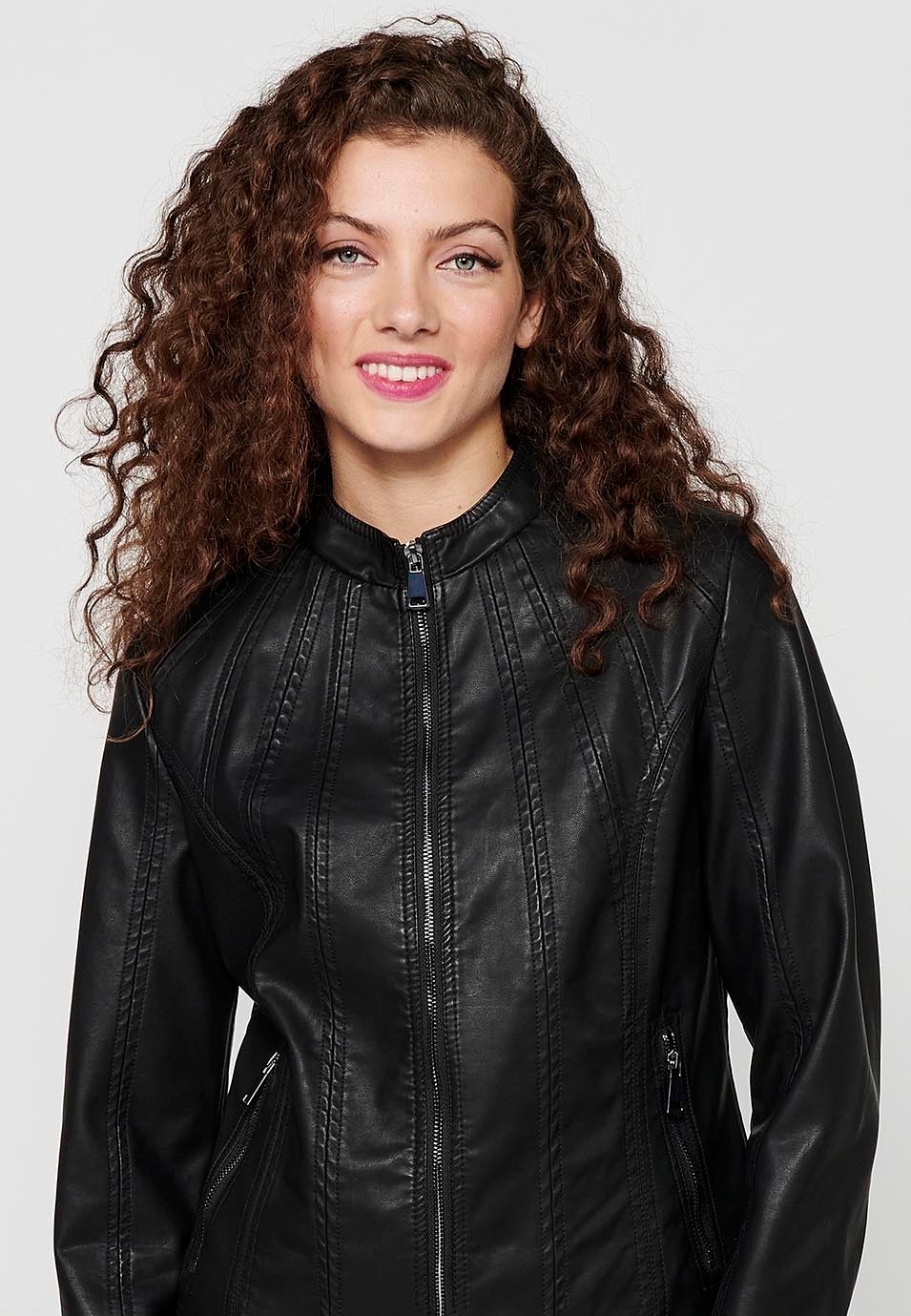 Long Sleeve Jacket with Round High Neck and Front Zipper Closure in Black for Women 4