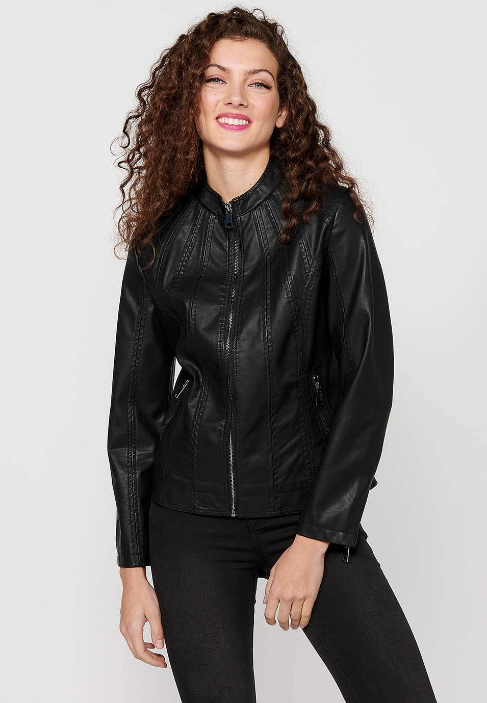 Long Sleeve Jacket with Round High Neck and Front Zipper Closure in Black for Women 1