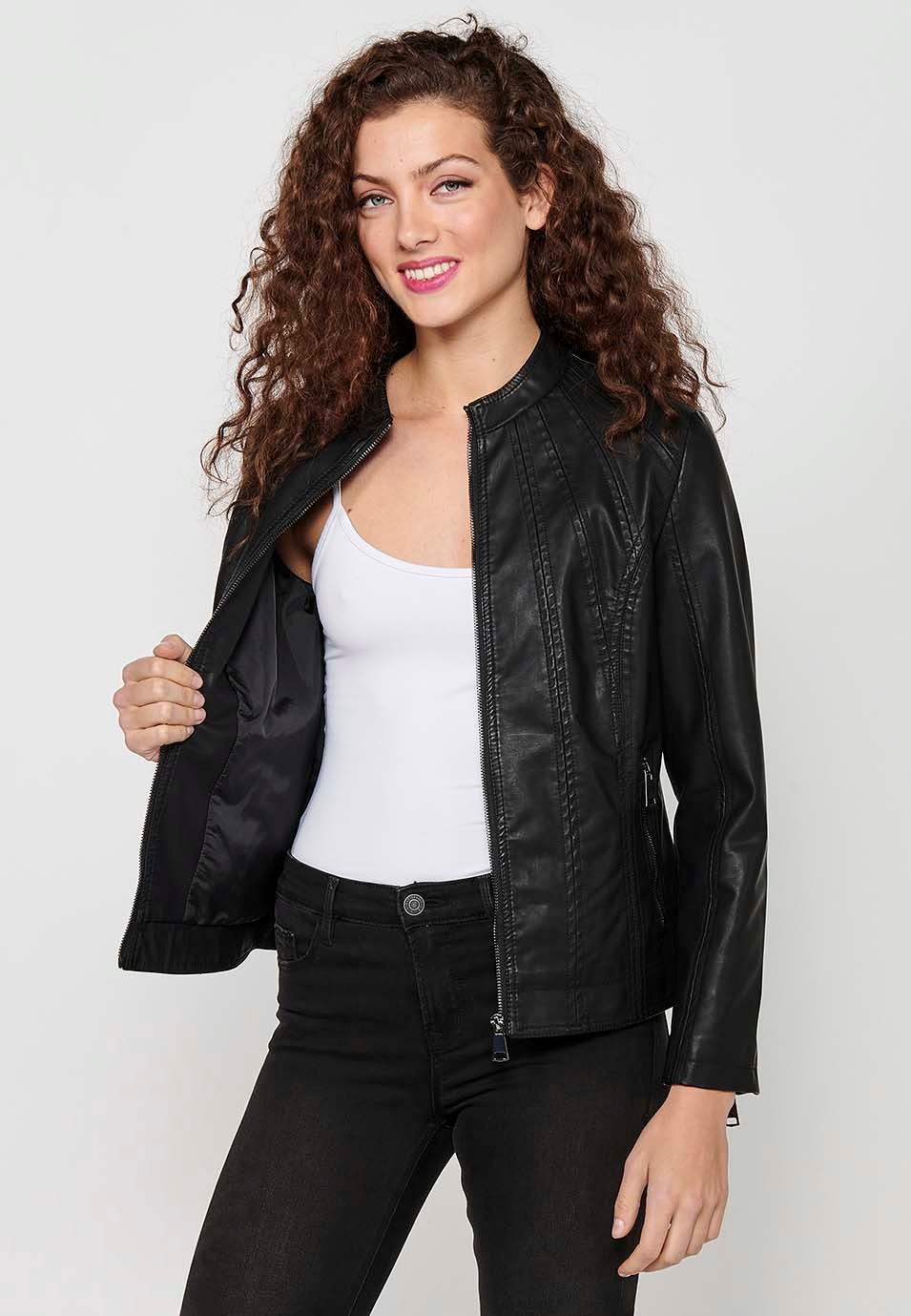 Long Sleeve Jacket with Round High Neck and Front Zipper Closure in Black for Women 7