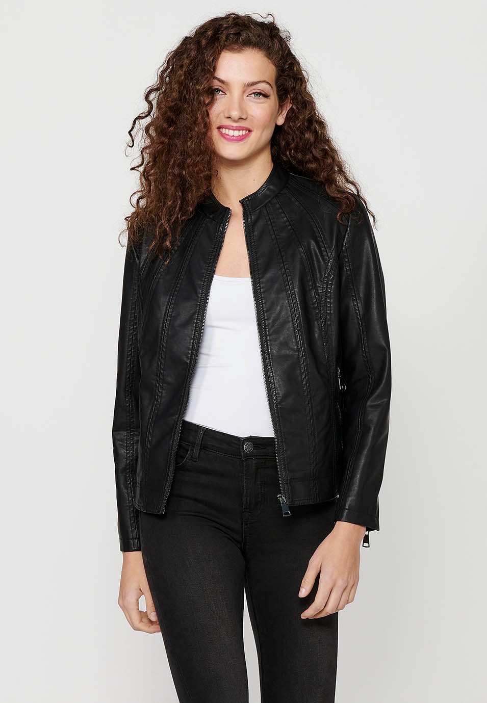 Long Sleeve Jacket with Round High Neck and Front Zipper Closure in Black for Women 5