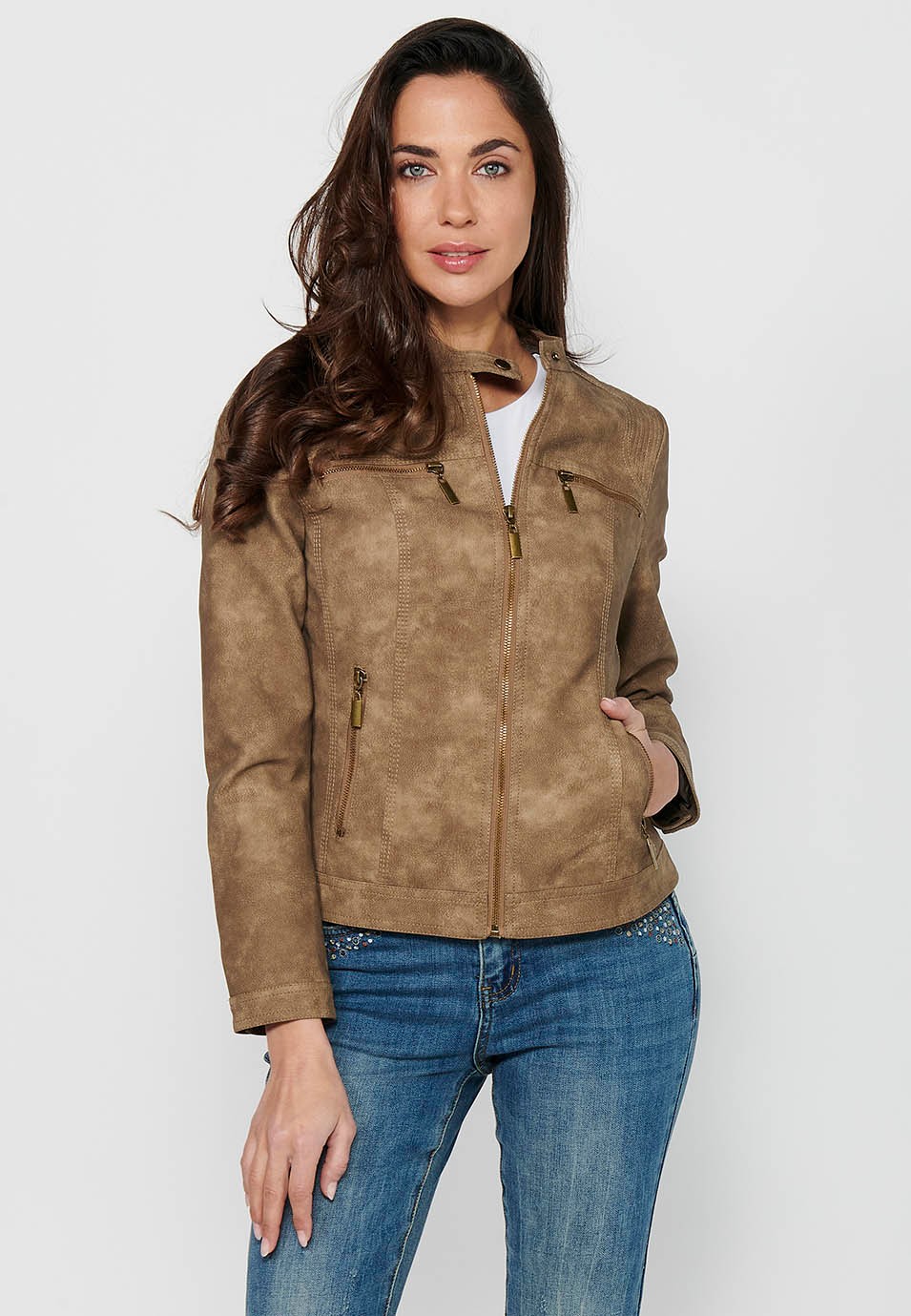 Women's Round Neck Worn Effect Long Sleeve Jacket with Stone Color Zipper Front Closure