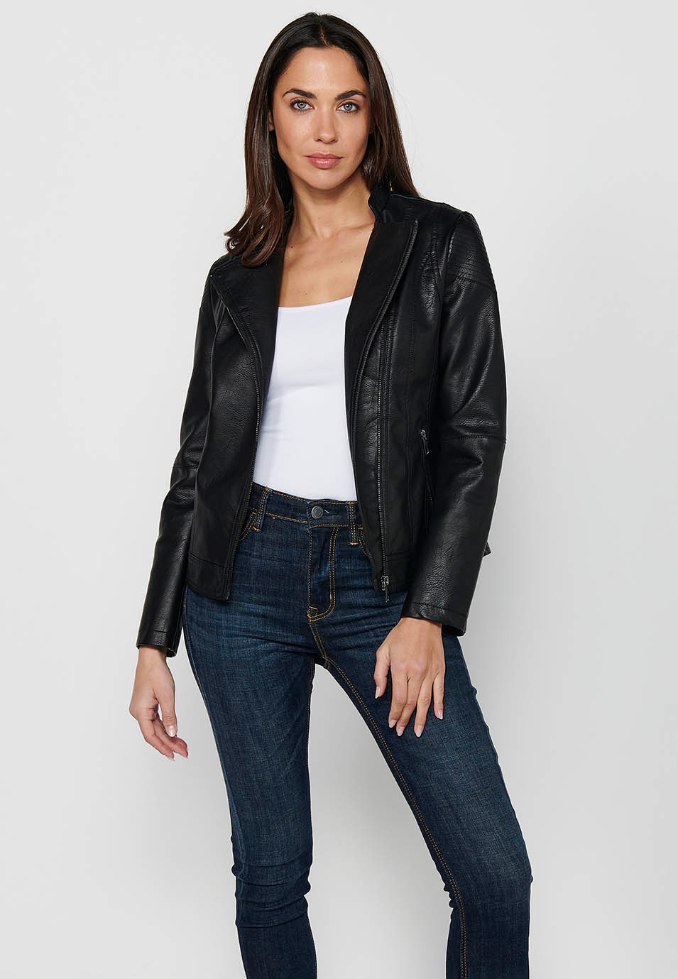 Long-sleeved high-neck jacket with front zipper closure and details on the shoulders with front pockets in Black for Women