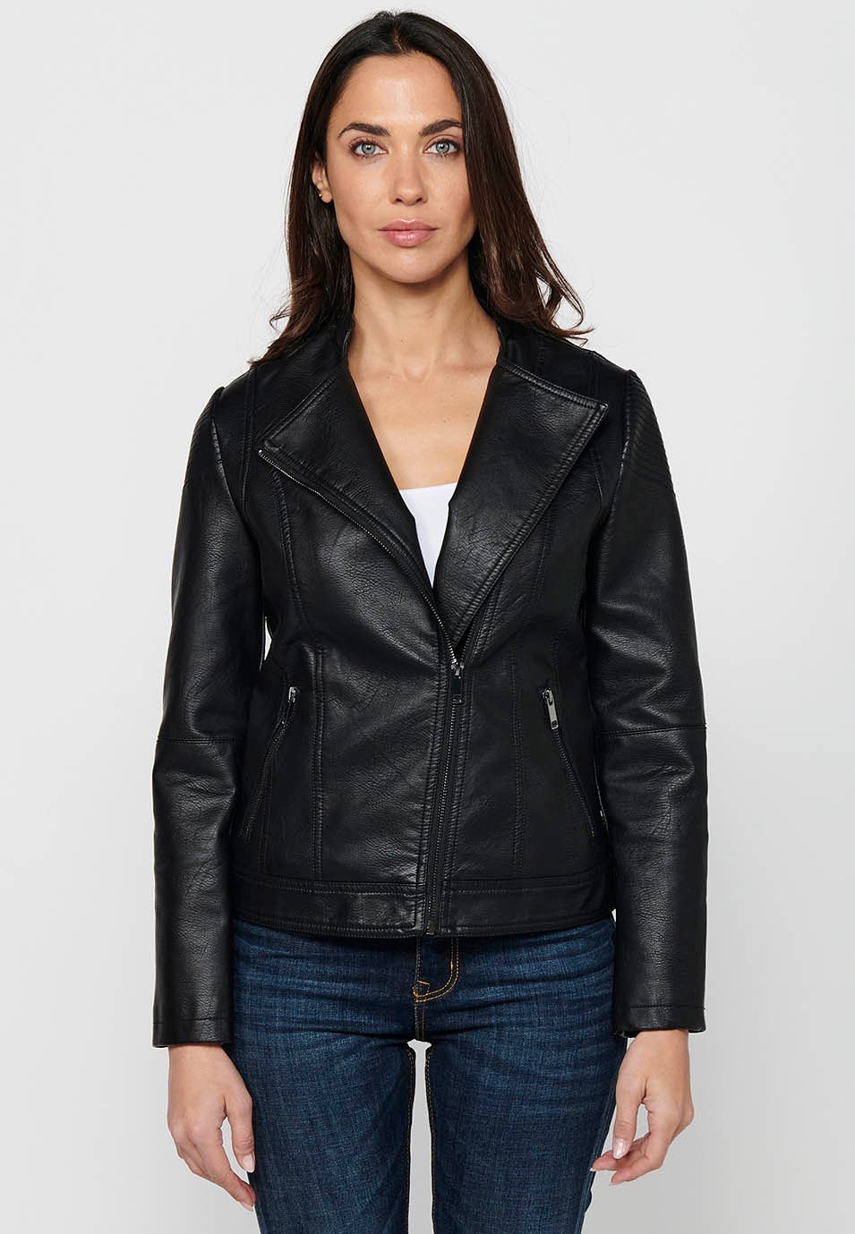 Long-sleeved high-neck jacket with front zipper closure and details on the shoulders with front pockets in Black for Women 1