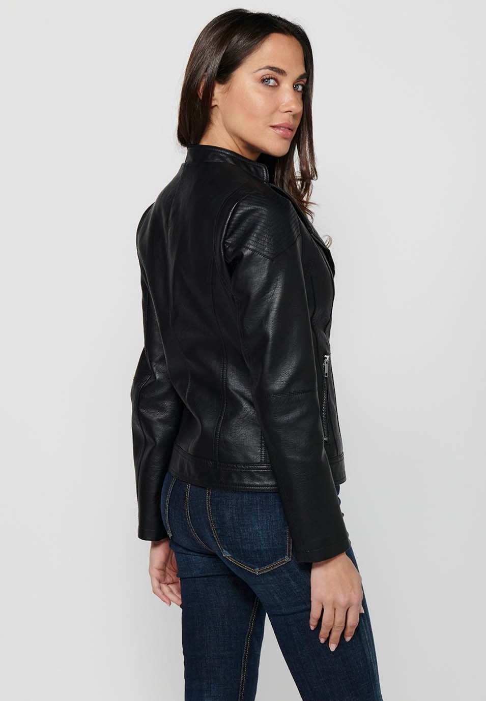 Long-sleeved high-neck jacket with front zipper closure and details on the shoulders with front pockets in Black for Women 2