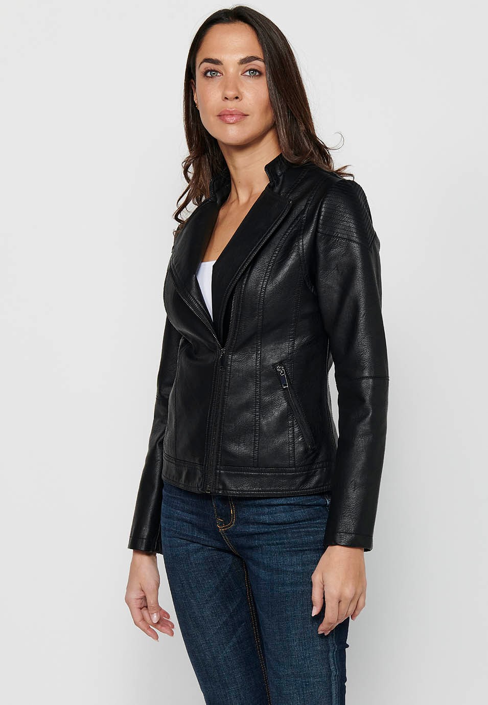 Long-sleeved high-neck jacket with front zipper closure and details on the shoulders with front pockets in Black for Women 8
