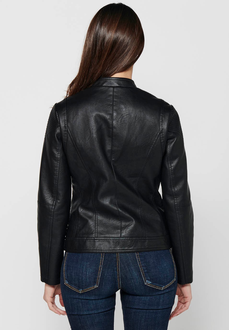 Long-sleeved high-neck jacket with front zipper closure and details on the shoulders with front pockets in Black for Women 5