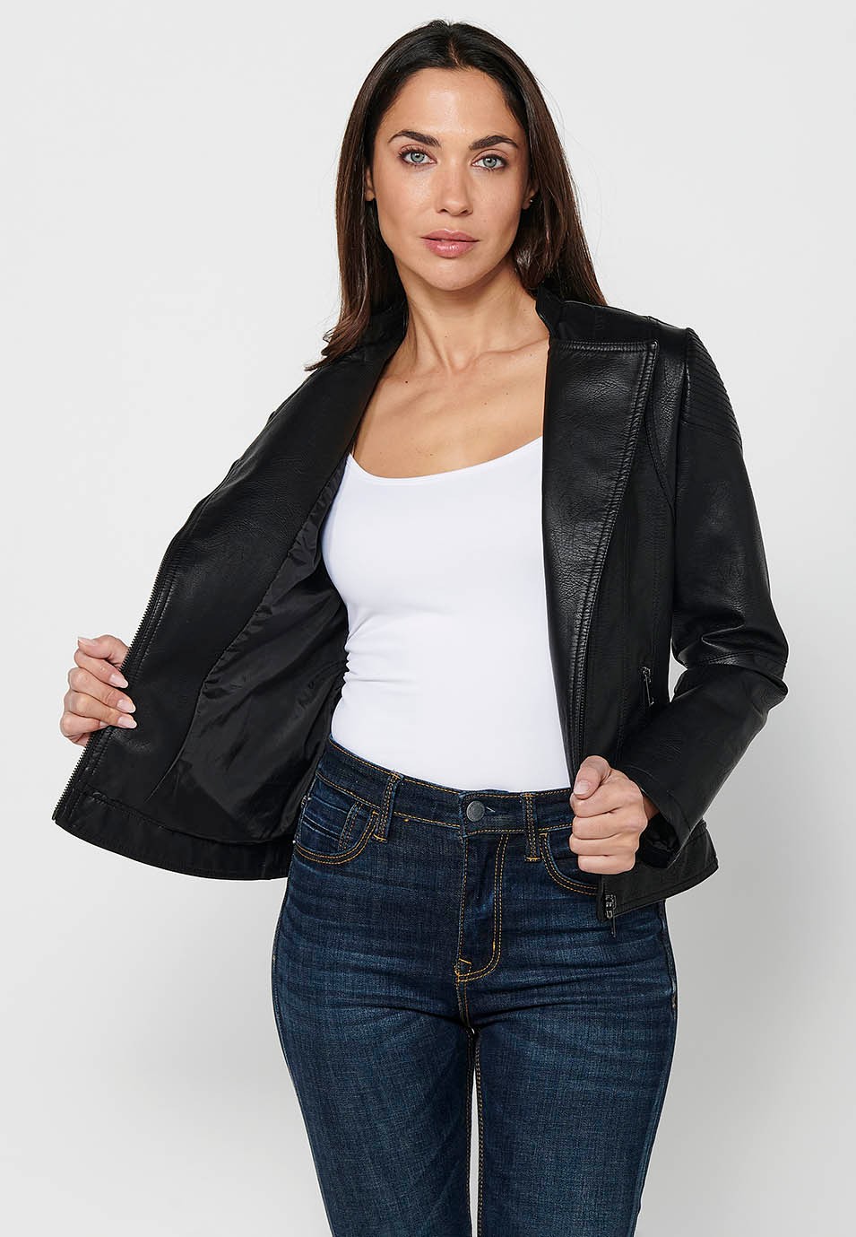 Long-sleeved high-neck jacket with front zipper closure and details on the shoulders with front pockets in Black for Women 7