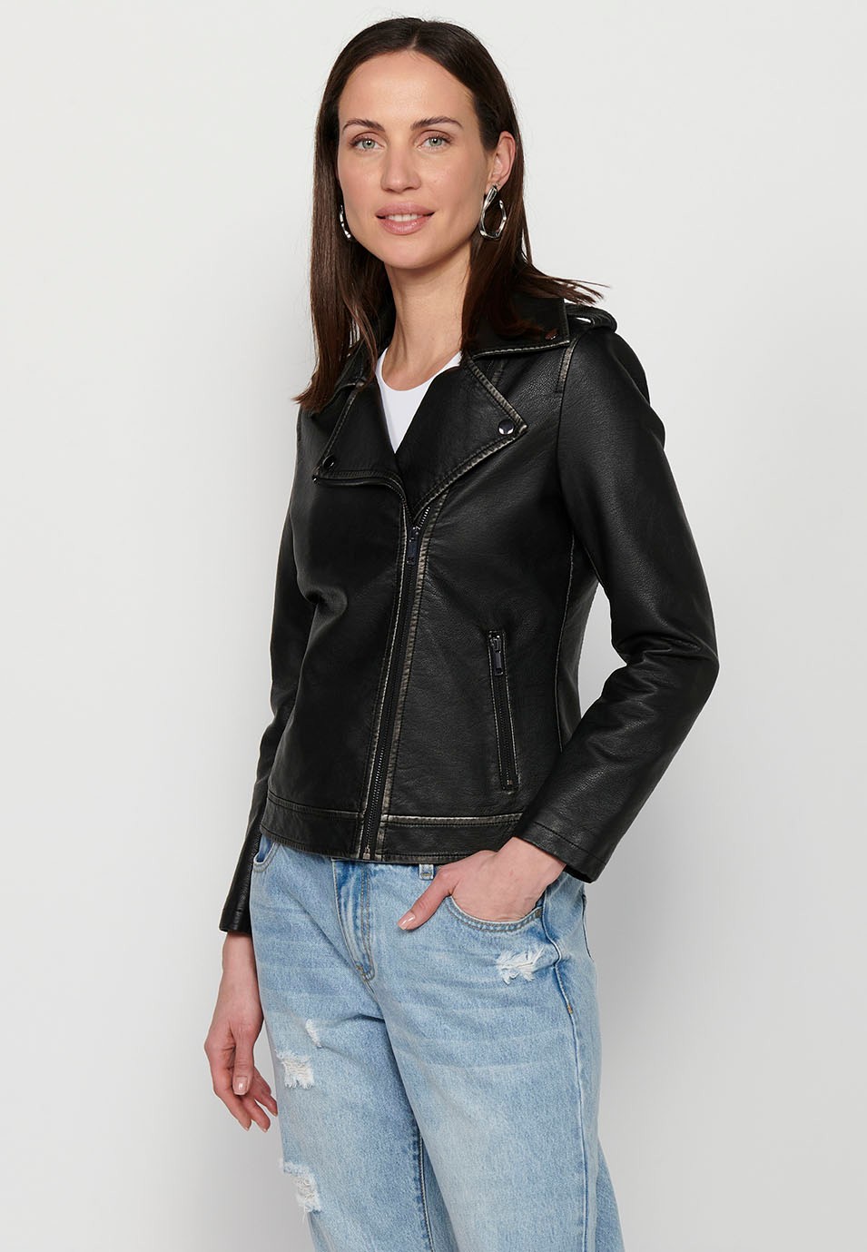 Leather-effect double-breasted jacket with lapel collar and front zipper closure in Black for Women 1
