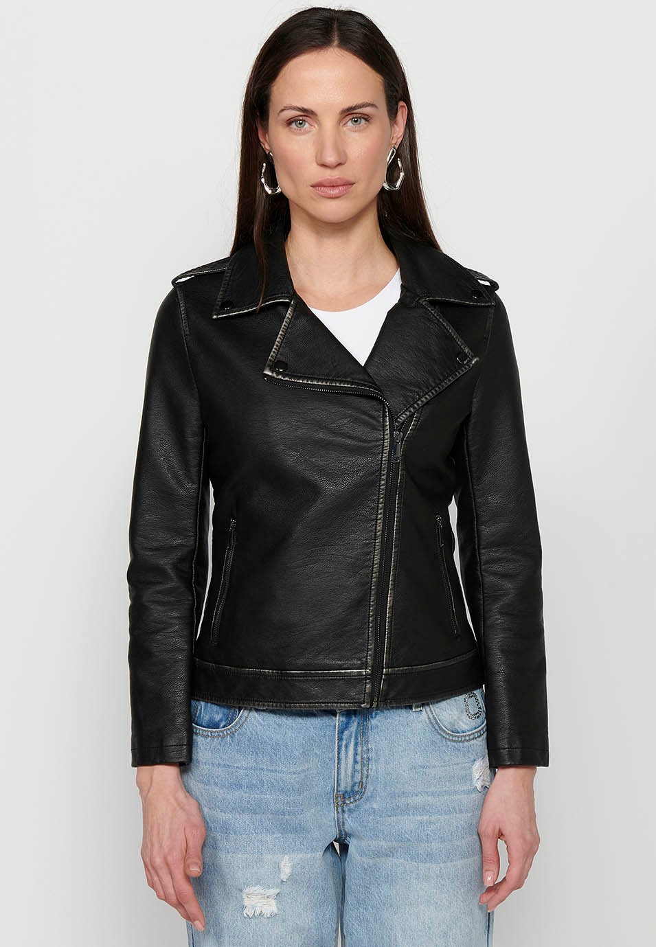 Leather-effect double-breasted jacket with lapel collar and front zipper closure in Black for Women