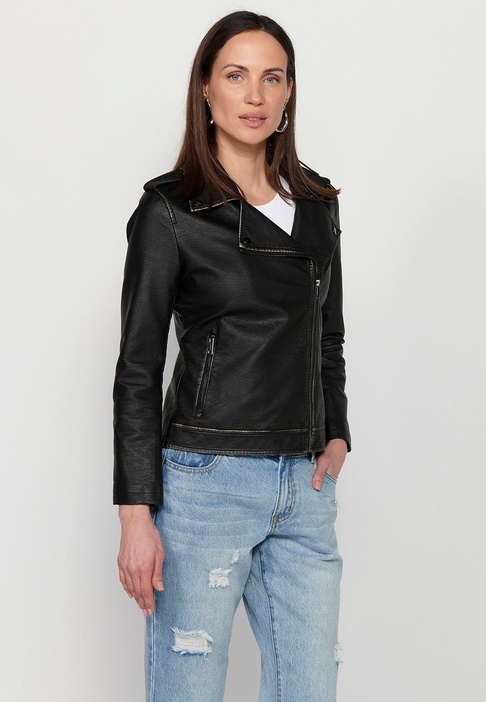 Leather-effect double-breasted jacket with lapel collar and front zipper closure in Black for Women 3
