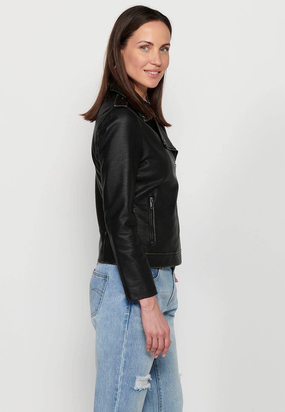 Leather-effect double-breasted jacket with lapel collar and front zipper closure in Black for Women 4