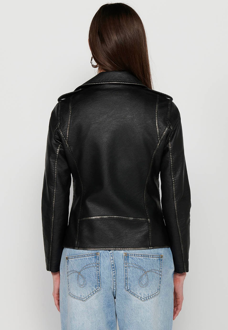 Leather-effect double-breasted jacket with lapel collar and front zipper closure in Black for Women 5