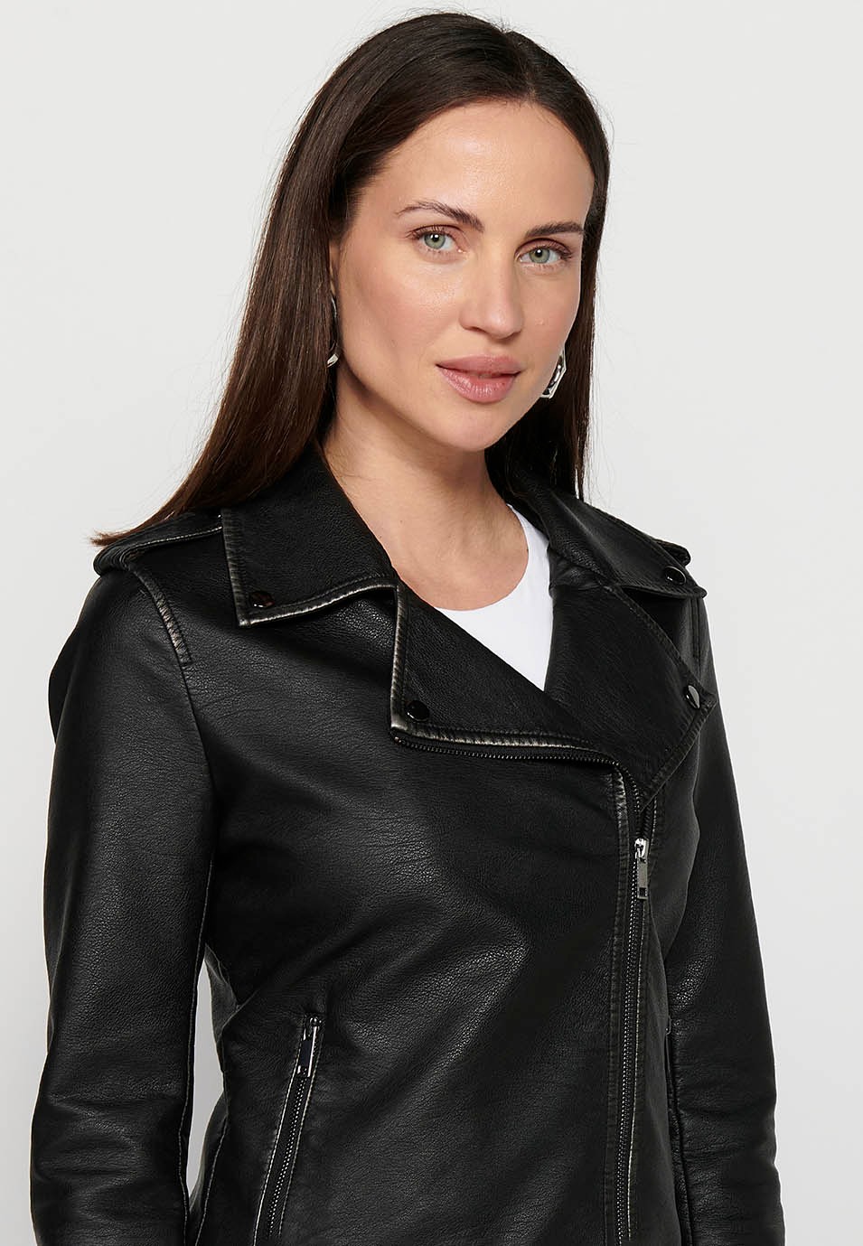 Leather-effect double-breasted jacket with lapel collar and front zipper closure in Black for Women 6