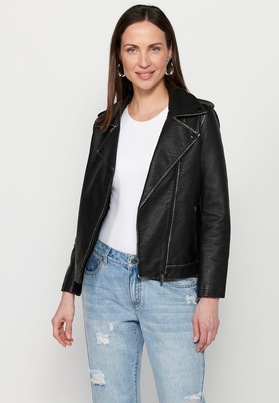 Leather-effect double-breasted jacket with lapel collar and front zipper closure in Black for Women 7