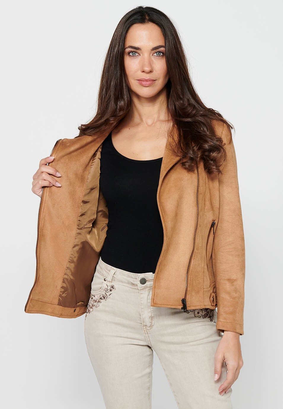 Camel Color Long Sleeve Jacket with Cross-Zip Closure with Lapel Collar and Pockets for Women 7
