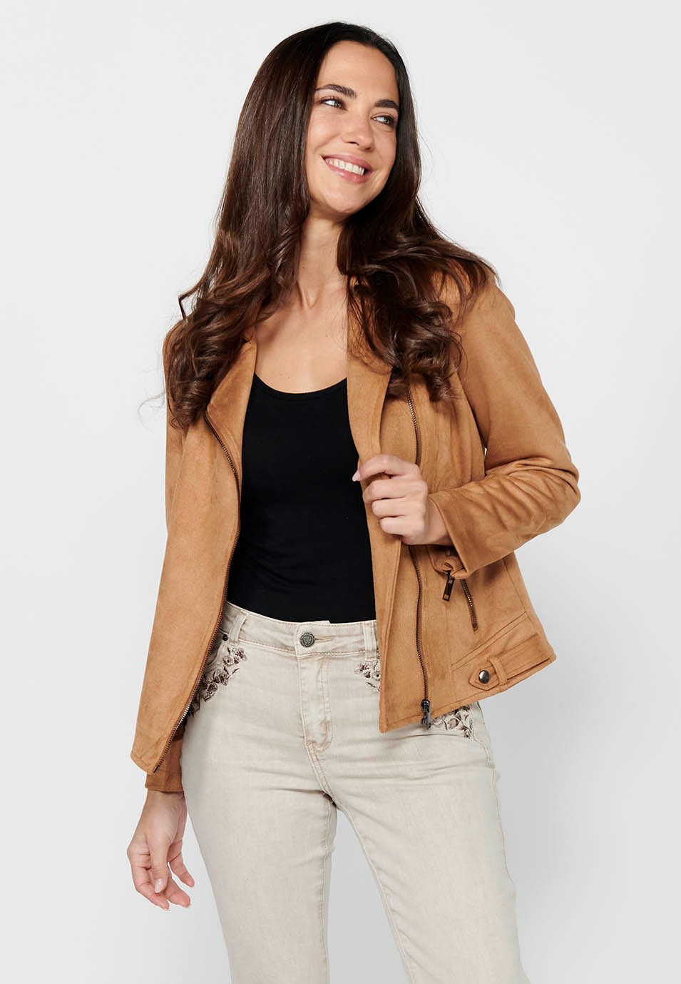 Camel Color Long Sleeve Jacket with Cross-Zip Closure with Lapel Collar and Pockets for Women 10