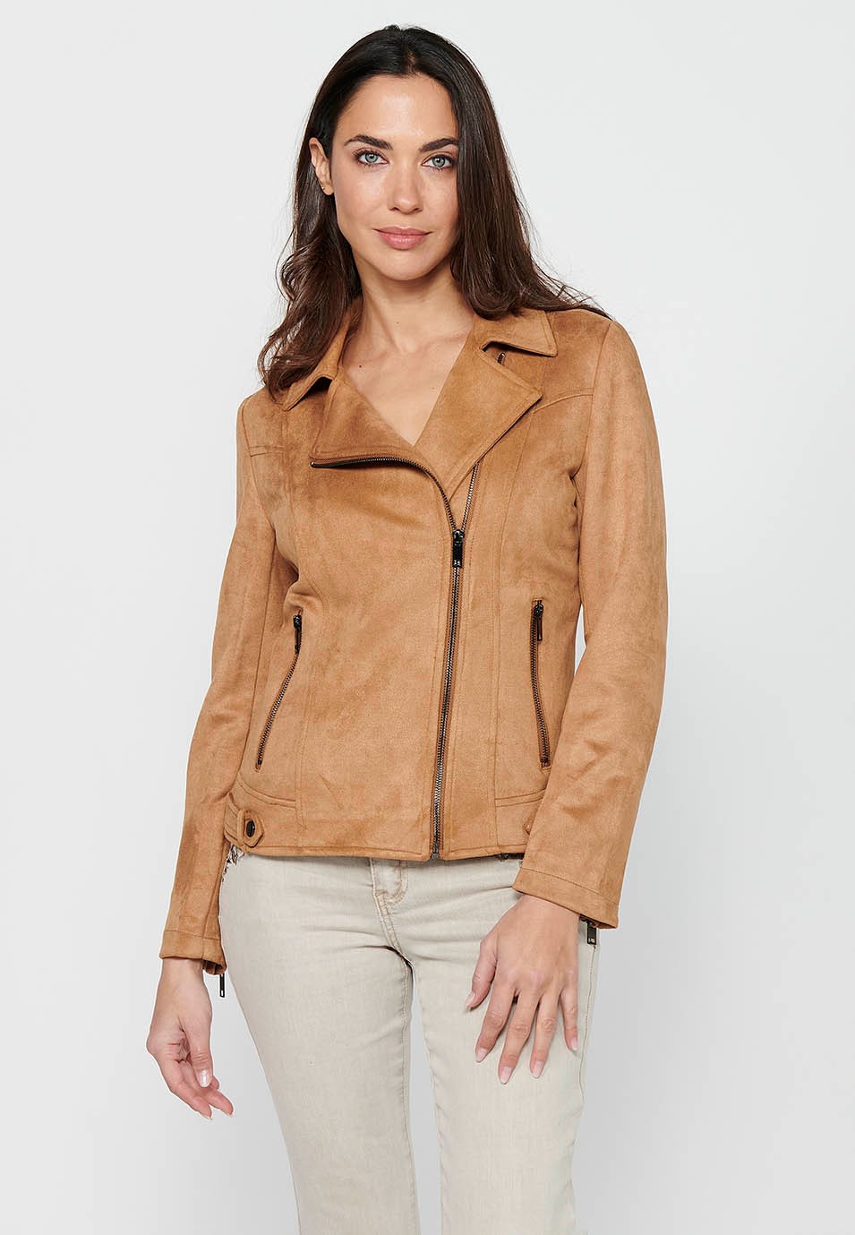 Camel Color Long Sleeve Jacket with Cross-Zip Closure with Lapel Collar and Pockets for Women