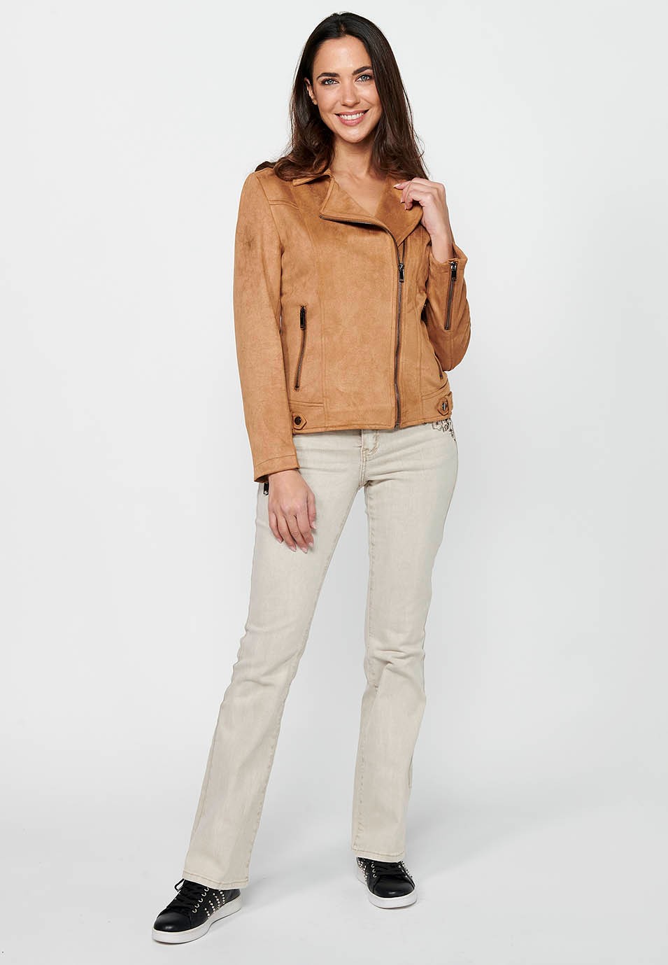 Camel Color Long Sleeve Jacket with Cross-Zip Closure with Lapel Collar and Pockets for Women 3