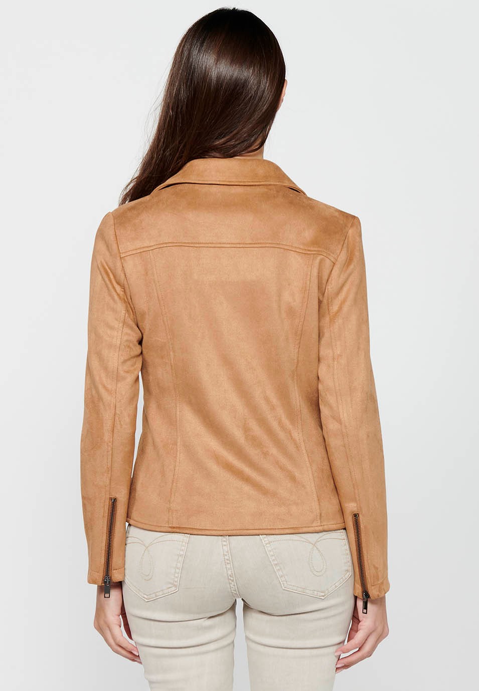 Camel Color Long Sleeve Jacket with Cross-Zip Closure with Lapel Collar and Pockets for Women 2