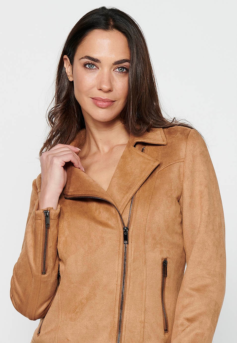 Camel Color Long Sleeve Jacket with Cross-Zip Closure with Lapel Collar and Pockets for Women 4