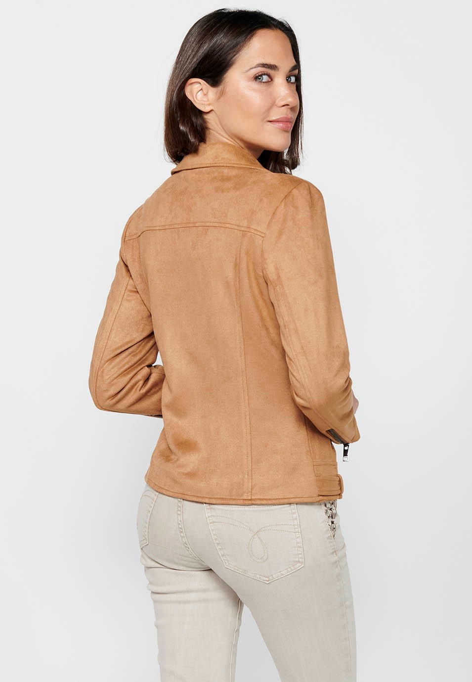 Camel Color Long Sleeve Jacket with Cross-Zip Closure with Lapel Collar and Pockets for Women 5