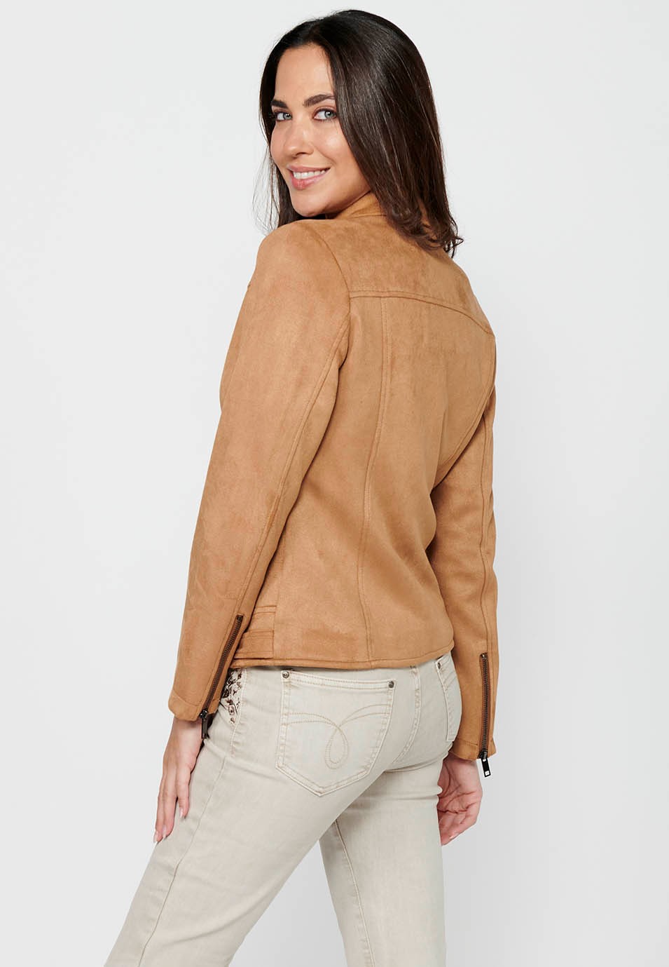 Camel Color Long Sleeve Jacket with Cross-Zip Closure with Lapel Collar and Pockets for Women 9