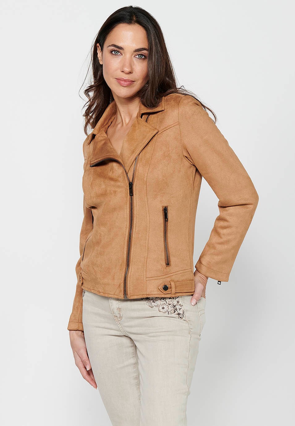 Camel Color Long Sleeve Jacket with Cross-Zip Closure with Lapel Collar and Pockets for Women 11