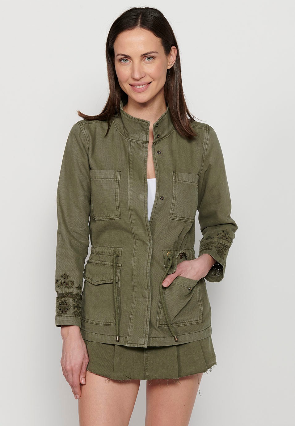 Short parka jacket, front closure, high collar, Khaki color for women