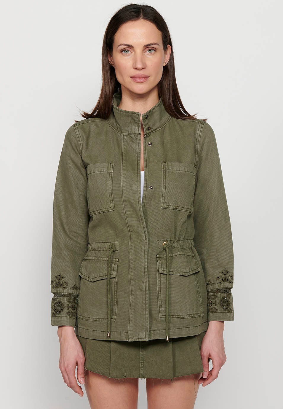 Short parka jacket, front closure, high collar, Khaki color for women