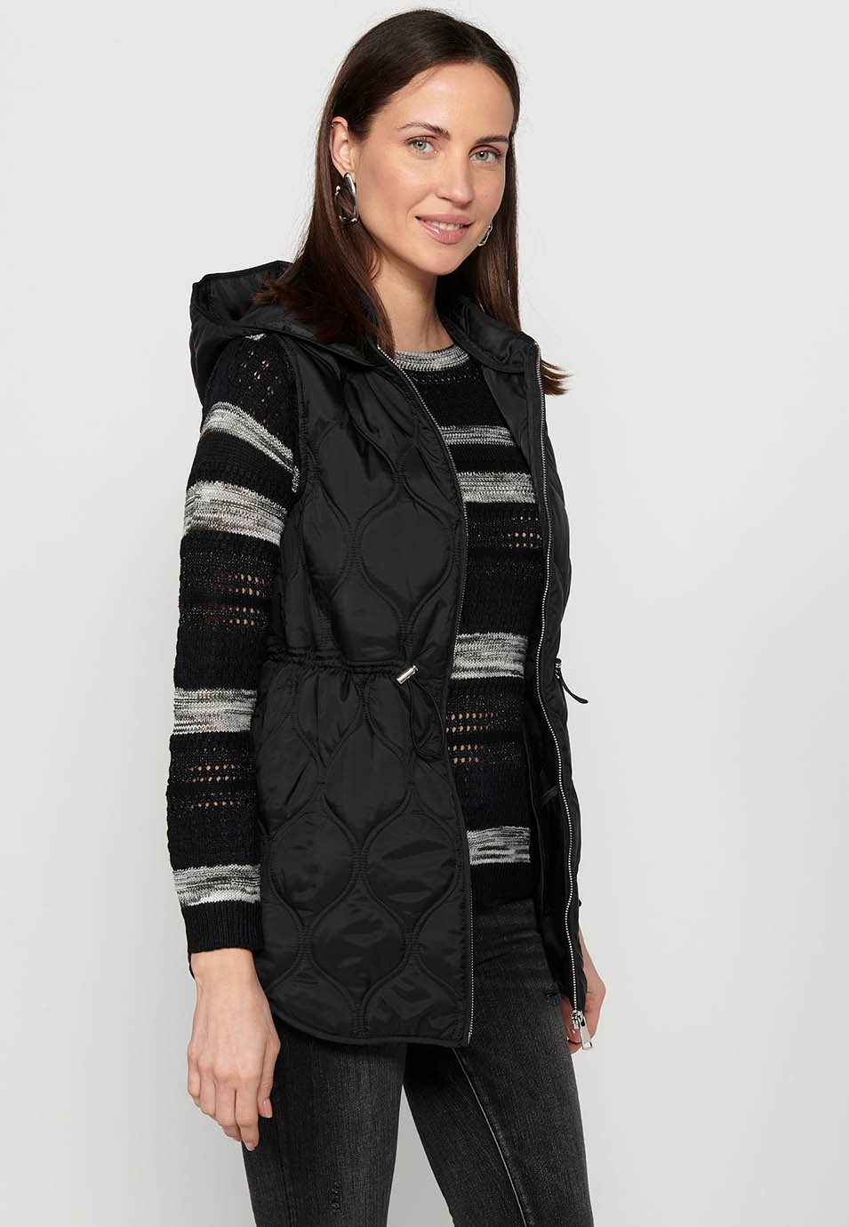 Padded vest with hooded collar and front zipper closure in Black for Women