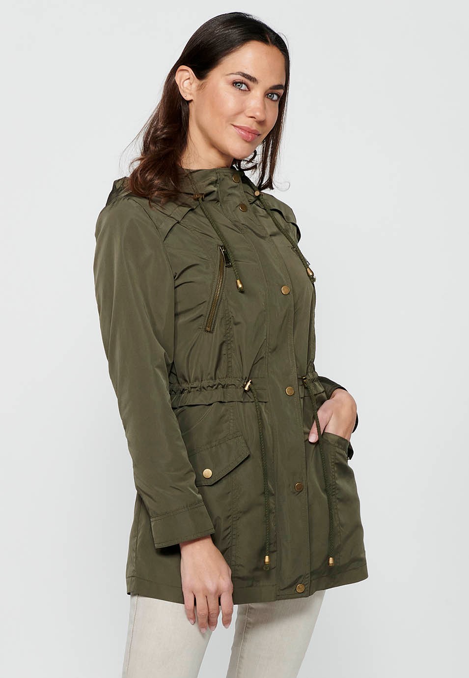 Women's Khaki Long Sleeve Zip Front Hooded Collar Parka Jacket with Pockets