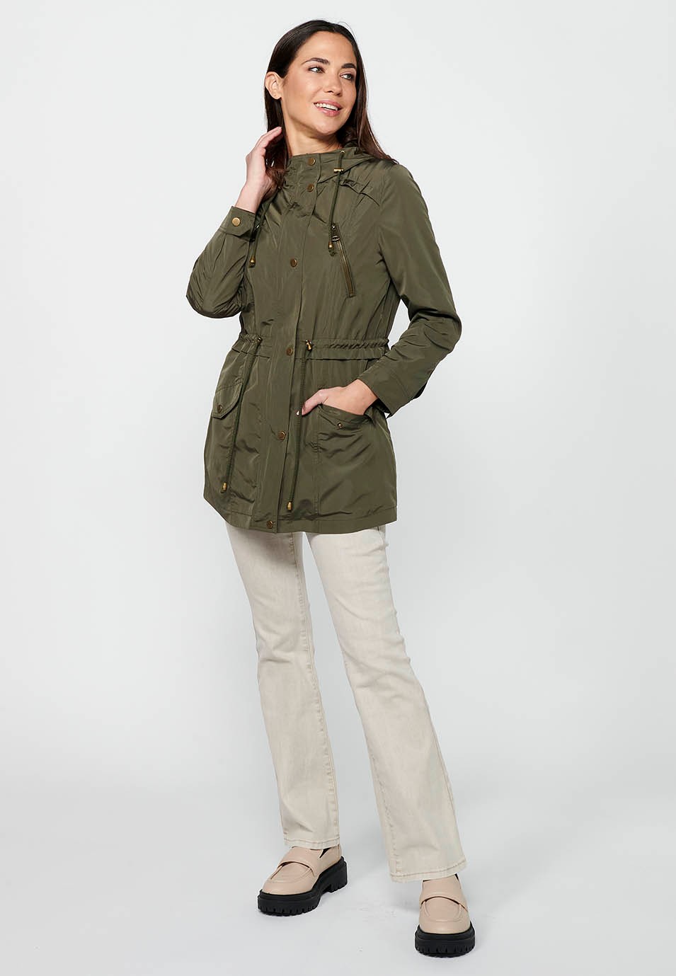 Women's Khaki Long Sleeve Zip Front Hooded Collar Parka Jacket with Pockets 5