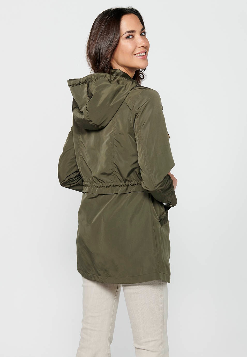 Women's Khaki Long Sleeve Zip Front Hooded Collar Parka Jacket with Pockets 6