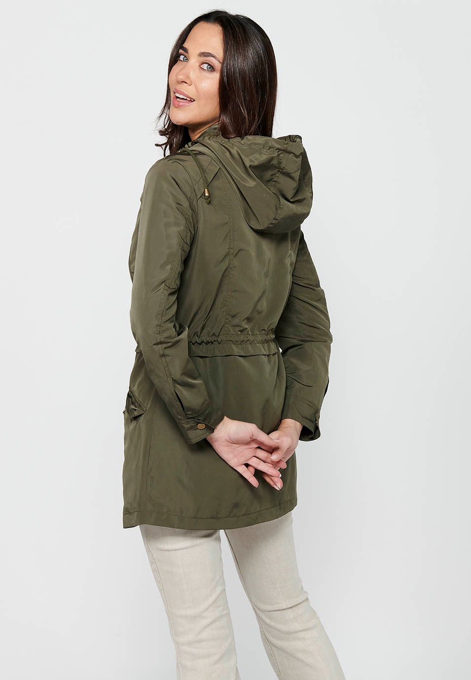 Women's Khaki Long Sleeve Zip Front Hooded Collar Parka Jacket with Pockets 7