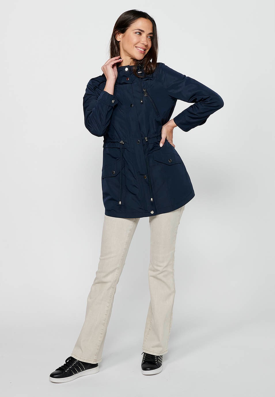 Navy Long Sleeve Parka Jacket with Zipper Front Closure and Hooded Collar with Pockets for Women