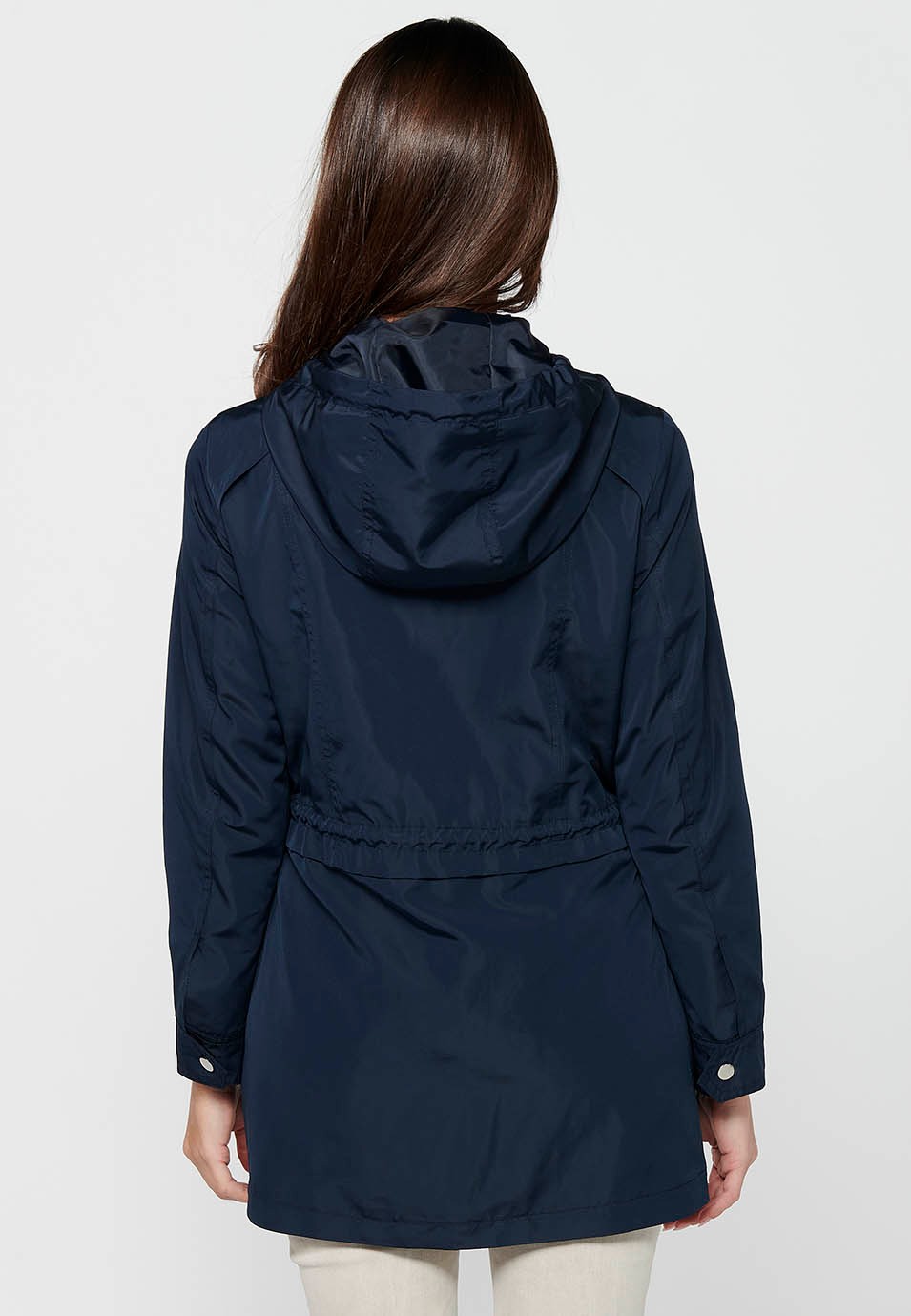 Marineblaue, langärmlige Parka-Jacke mit Reißverschluss vorne und Kapuzenkragen mit Taschen für Damen
