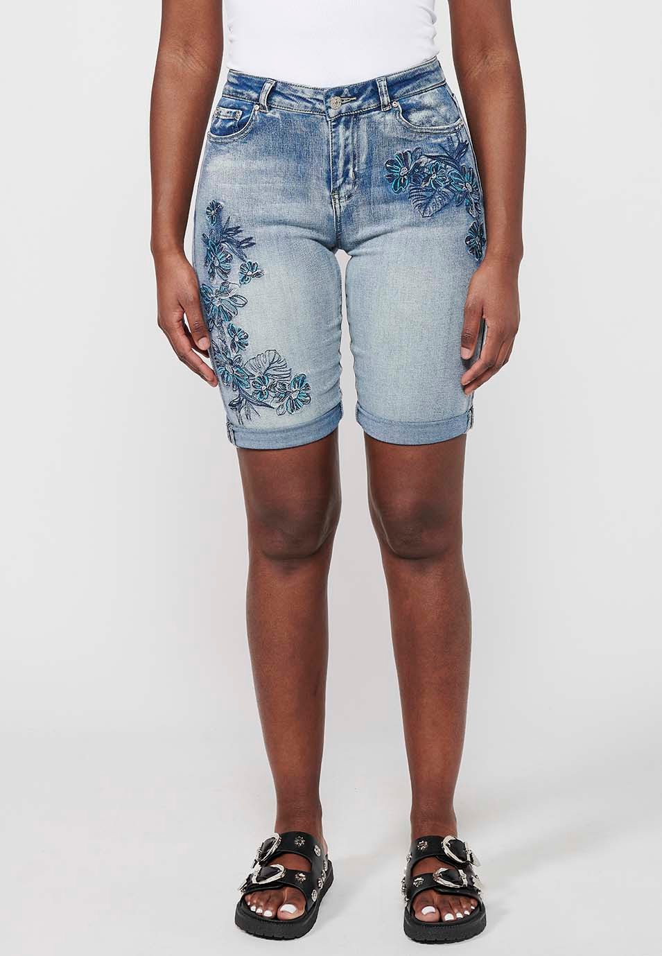 Women's Light Blue Floral Embroidery Shorts