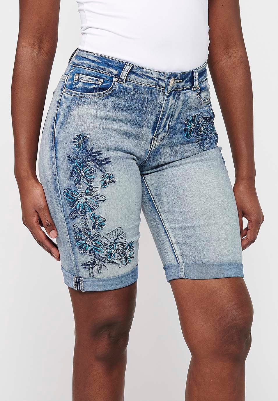 Women's Light Blue Floral Embroidery Shorts