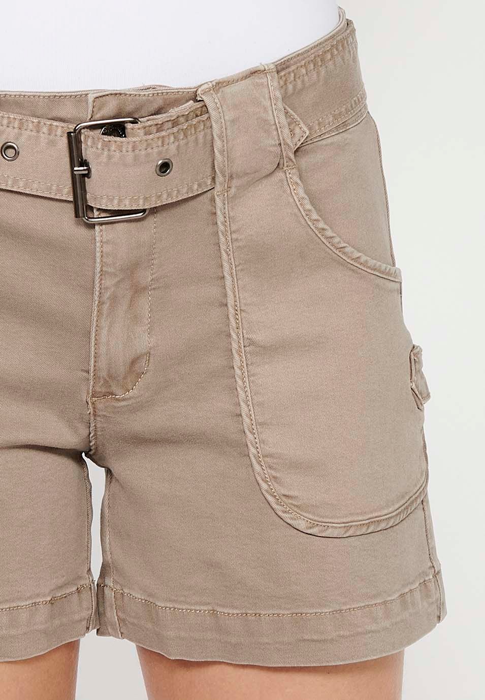 Beige Shorts with Belted Waist and Patch Pockets for Women