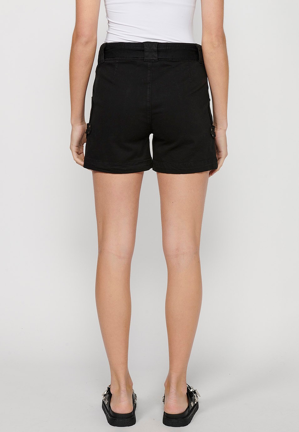 Black Shorts with Belted Waist and Patch Pockets for Women 5