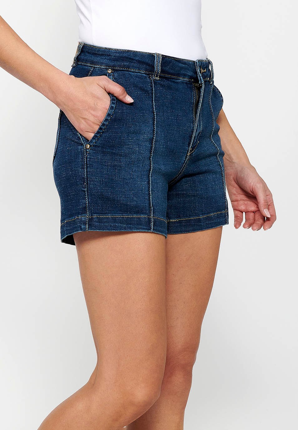 Women's Dark Blue Color Button Zipper Front Closure Flared Shorts 1