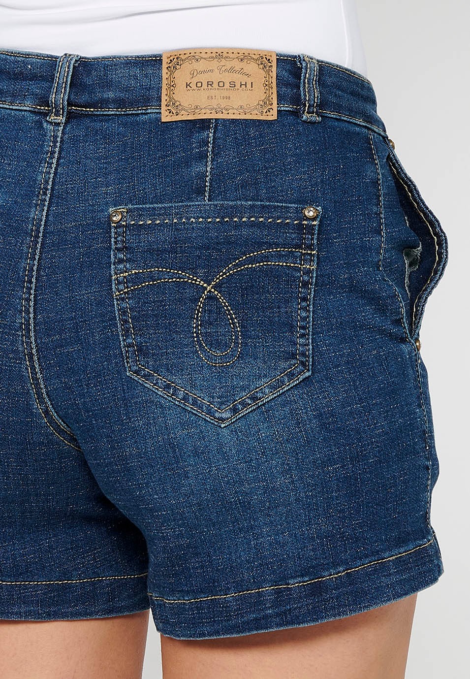 Women's Dark Blue Color Button Zipper Front Closure Flared Shorts 5