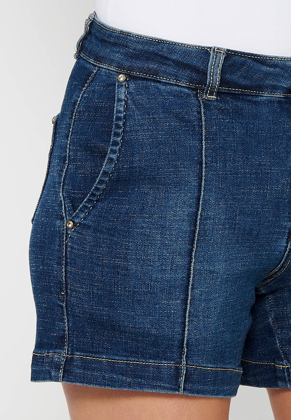 Women's Dark Blue Color Button Zipper Front Closure Flared Shorts 7