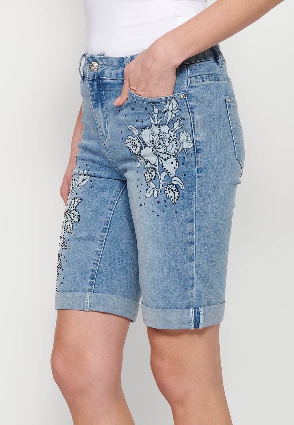 Shorts, floral embroidery, blue color for women