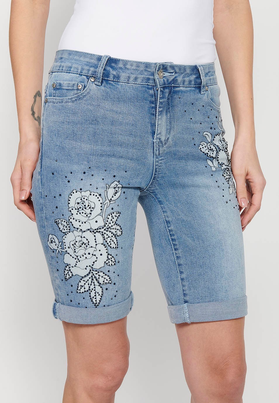 Shorts, floral embroidery, blue color for women